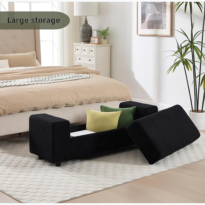 Teddy Storage Ottoman Bench, 55 Inch Upholstered Boucle Comfy Sherpa End of Bed - Image 3