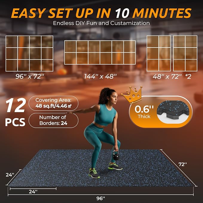PRAISUN 0.6" Thicker Gym Mat, 12 Tiles 48 Sq Ft Workout Mats, Interlocking Foam - Image 5