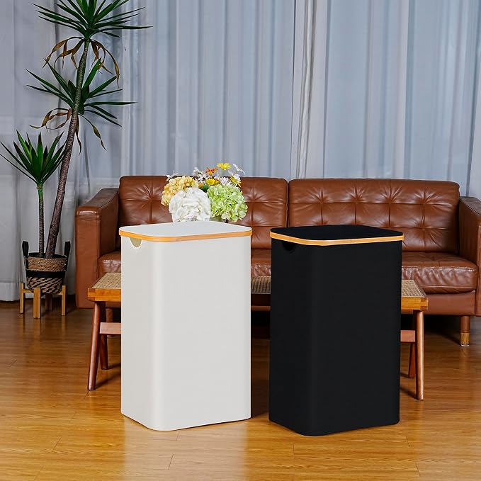 100L Laundry Hamper with Lid, Lagre Basket with Bamboo Handles, Foldable - Image 7