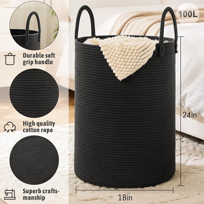 Laundry Basket, Woven Cotton Rope Laundry Hamper, 100L - Image 6