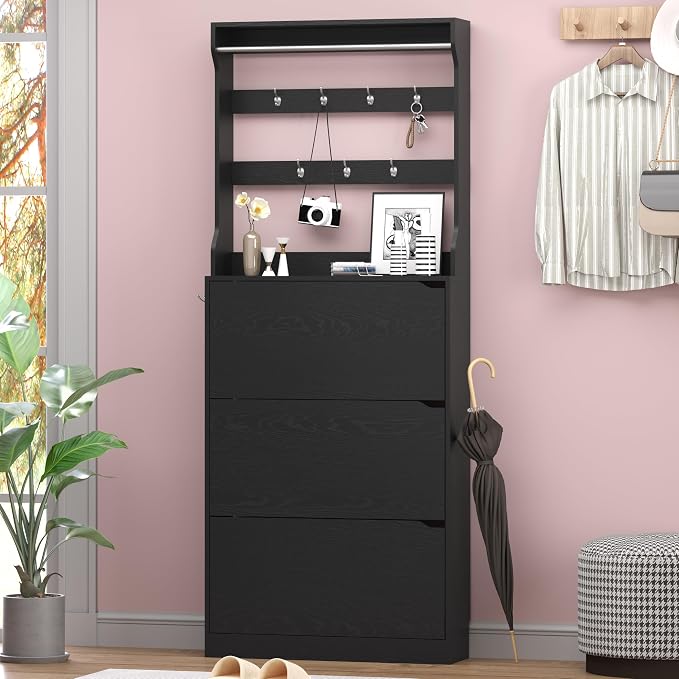Shoe Cabinet with 3 Flip Drawers & Coat Rack, Narrow Hidden Shoe Storage Cabinet - Image 3