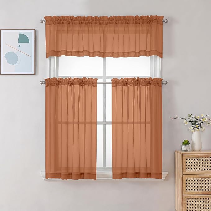 Chyhomenyc Sheer Orange Tier Curtains 24 Inch Length, Small Window Curtains - Image 2
