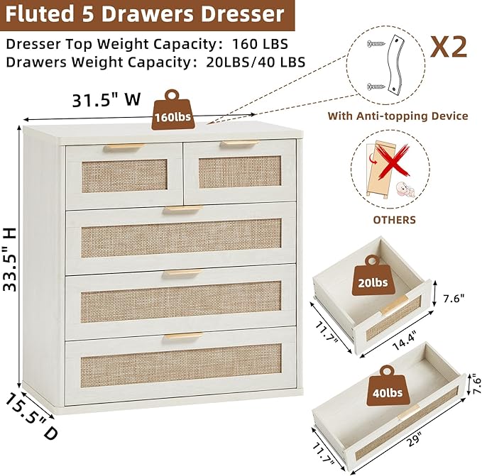 LEYAOYAO White Dresser for Bedroom, 33.5" Tall Chest of Drawers, Modern 5 - Image 3