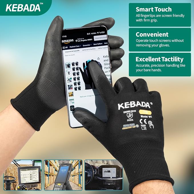 Kebada Safety Work Gloves, 120 Pairs Bulk Pack, Touchscreen, PU Coated - Image 3
