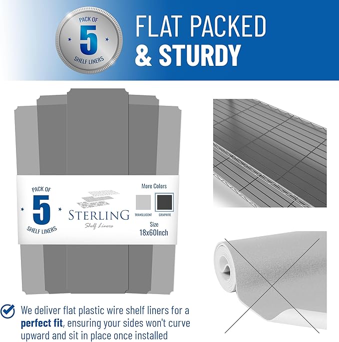 Shelf Liners for Wire Shelf System: Set of 5 in Graphite: 18 x 60 inch: Plastic - Image 3
