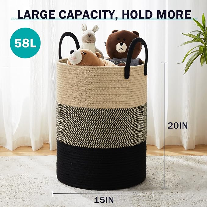 YOUDENOVA Woven Rope Laundry Hamper Basket, 58L Tall Laundry Basket - Image 2