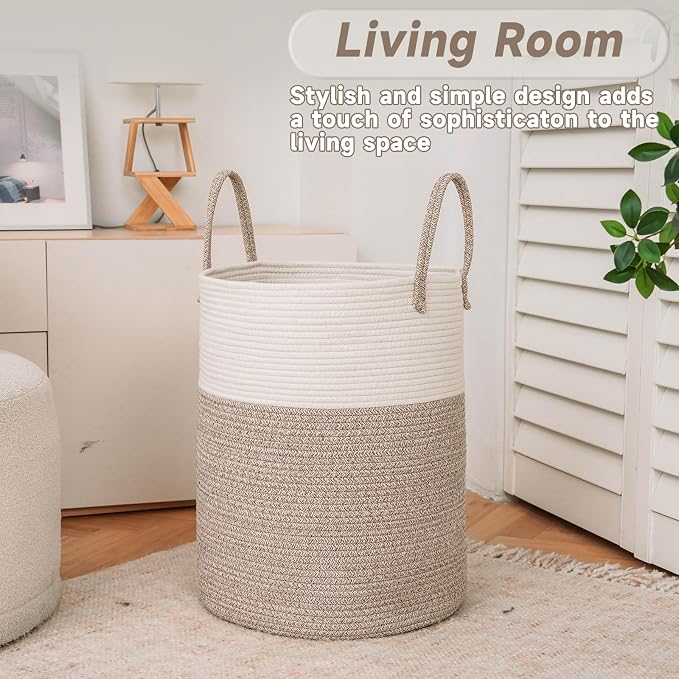 Large Woven Laundry Basket Hamper, 80L Cotton Rope Storage Bin - Image 3