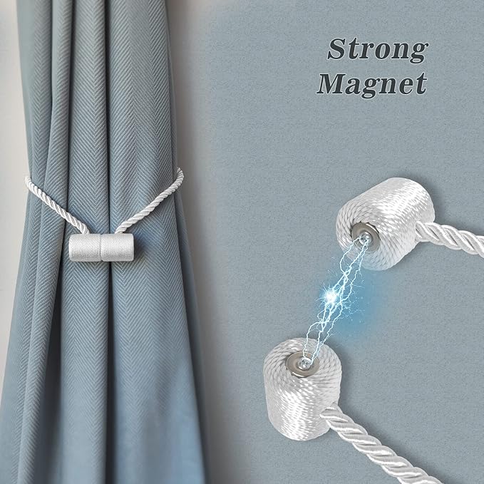 Hion Magnetic Curtain Tiebacks White 6 Pack, Curtain Tiebacks Buckles Holdbacks - Image 3