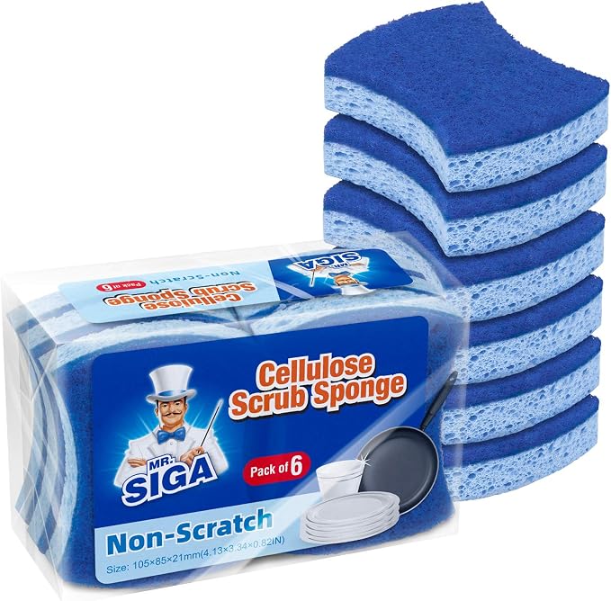 MR.SIGA Non-Scratch Cellulose Scrub Sponge, Dual-Sided Dishwashing Sponge by MRSIGA