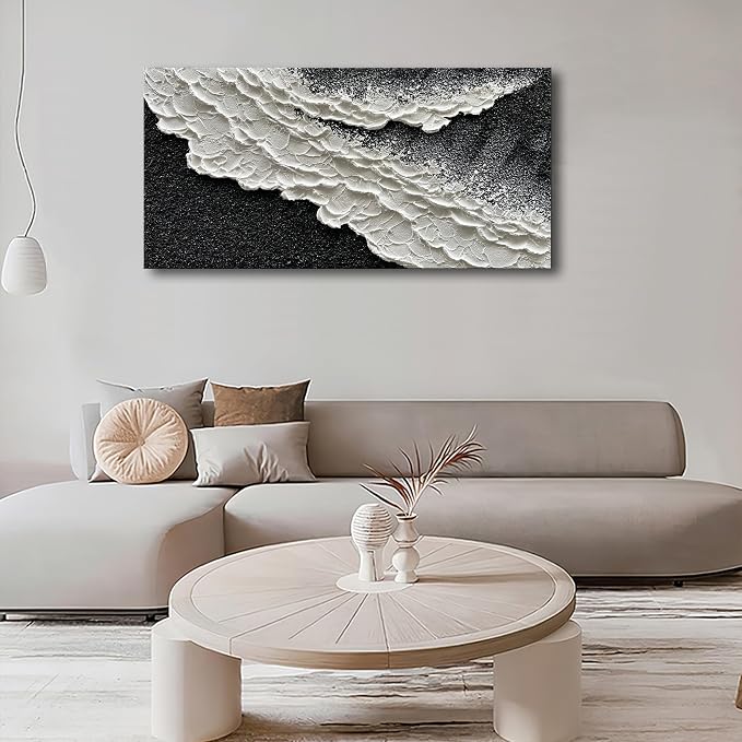 NANKAI 24x48 Inch Hand Painted 3D Ocean Wave Landscape Oil Painting Black and - Image 6