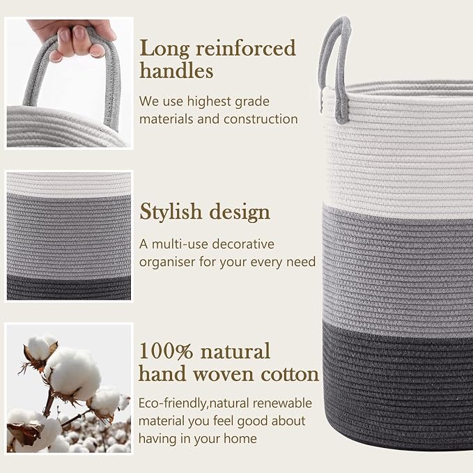 YOUDENOVA Woven Rope Laundry Hamper Basket, 58L Tall Luandry Basket, Baby - Image 5
