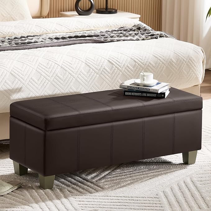 41" Faux Leather Storage Ottoman, Stitch Tufted Rectangle Upholstered End of by WUTUTUEE