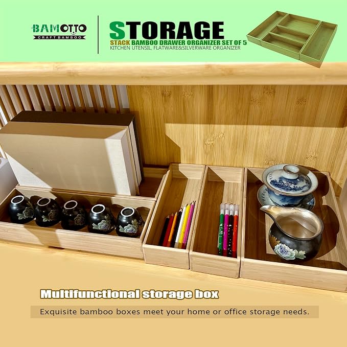 Stack Bamboo Drawer Organizer Set of 5, Kitchen Utensil, Flatware&Silverware - Image 5