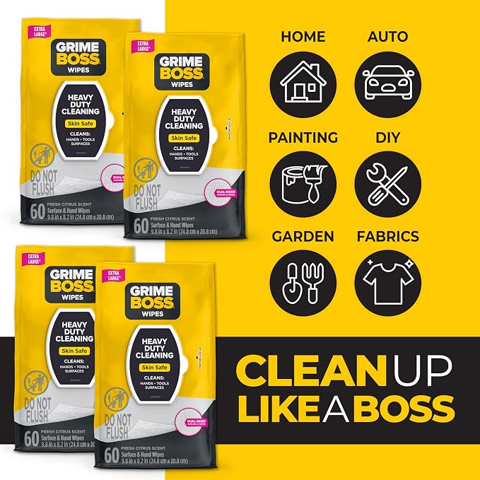 Grime Boss Heavy Duty Surface and Hand Wipes | Wet Wipes Remove Paint, Dirt | - Image 3