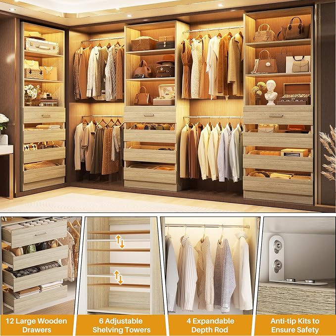 Aheaplus Closet System with 12 Drawers, 8.5-11.5Ft Wood Closet Organizer System - Image 4