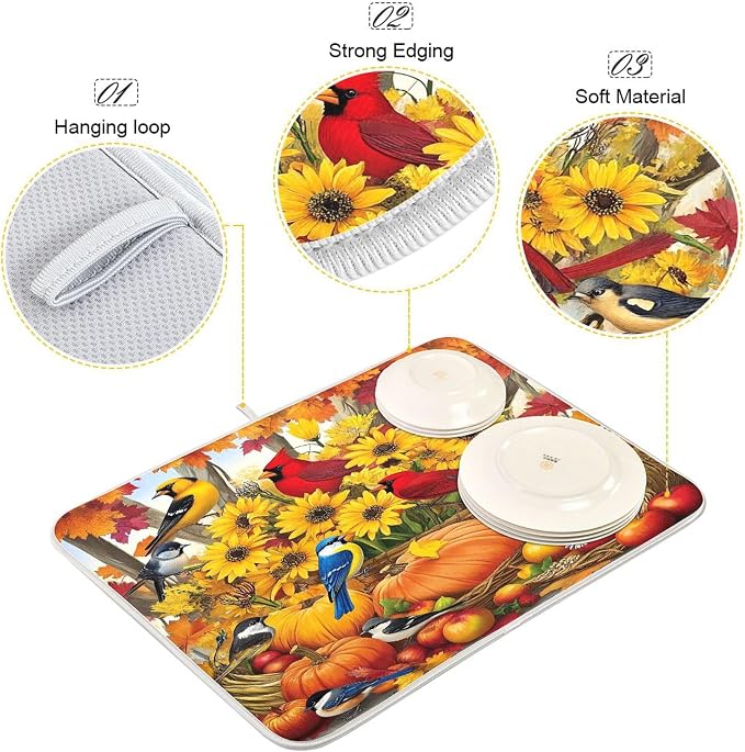 Fall Birds Dish Drying Mat for Kitchen Countertop 16x18 Autumn Pumpkin - Image 4