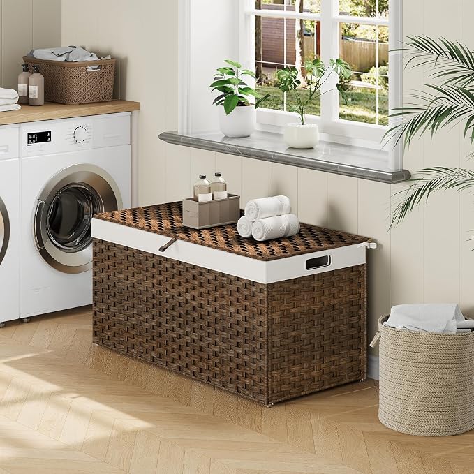 HOOBRO Storage Basket with Lid, 52.8 Gallon Wicker Basket, Handwoven Blanket - Image 5