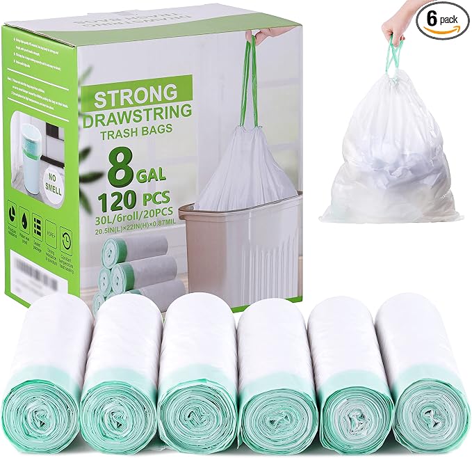 8 Gallon Trash Bag 120 Count, Unscented Strong Drawstring Garbage Bag Fit 30 by Hawnn