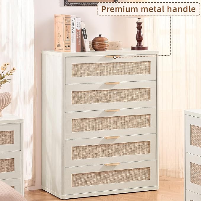 LEYAOYAO White Dresser for Bedroom, Modern 5 Drawers Boho Rattan Dressers - Image 6