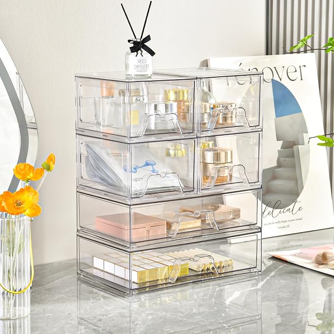 3 Pack Stackable Storage Drawers Clear Acrylic Organizer Makeup Bathroom - Image 6