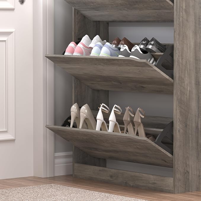 Shoe Cabinet with 3 Flip Drawers & Coat Rack, Narrow Hidden Shoe Storage Cabinet - Image 6