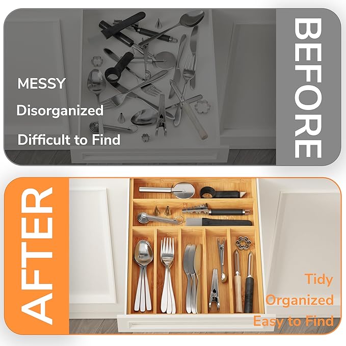 BAMEOS Bamboo Silverware Drawer Organizers, 11.9 inch Utensil Drawer Organizer - Image 7