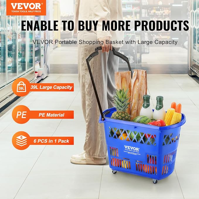VEVOR Shopping Carts with Handles, 39L Plastic Rolling Shopping Basket with - Image 3