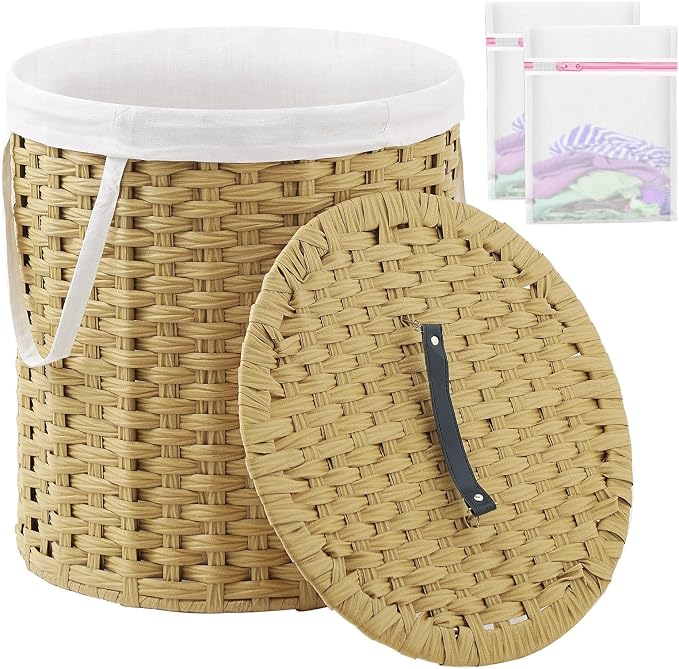 Laundry Hamper with Lid Wicker Laundry Hamper Round 26.5 Gal Laundry Basket by SETVSON