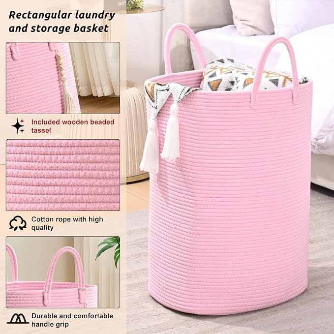 Woven Laundry Basket for Clothes, 65L Large Rectangle Laundry Hampers, Nursery - Image 3