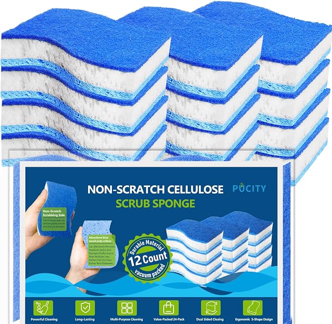 Blue Wood Pulp Sponges 12Pack Non-Scratch Cellulose Scrub Sponge, Dual-Sided by Unknown