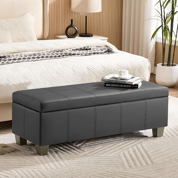 51" Faux Leather Storage Ottoman, Stitch Tufted Rectangle Upholstered End of by WUTUTUEE
