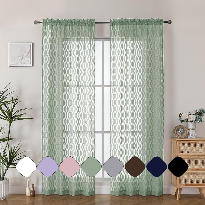 Aiyufeng Sheer Green Curtains 84 Inches Long 2 Panels, Modern Airy Light - Image 2