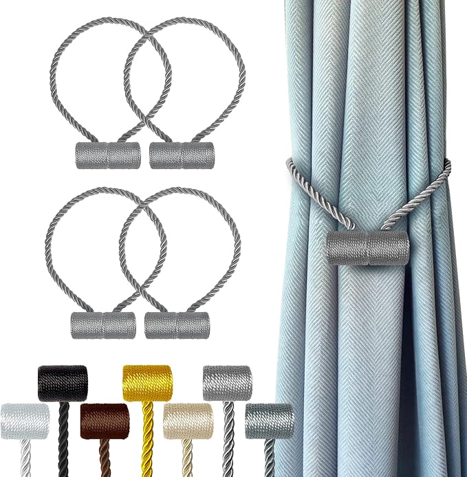 Hion Magnetic Curtain Tiebacks Grey 4 Pack, Curtain Tiebacks Buckles Holdbacks by Hion