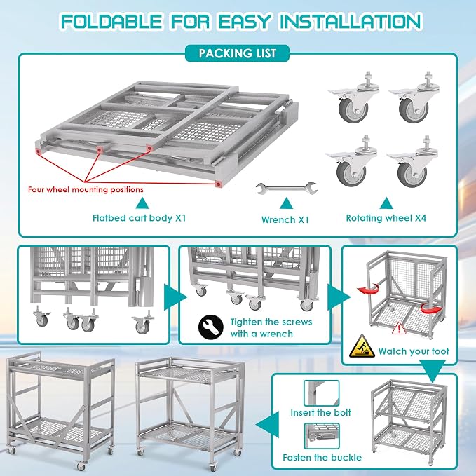 2 Shelf Rolling Cart with Wheels, 660lbs Capacity Collapsible Steel Rolling - Image 6