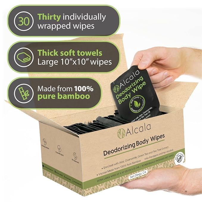 Alcala Deodorizing Body Wipes Individual Shower Wipes 100% Pure Biodegradable - Image 2