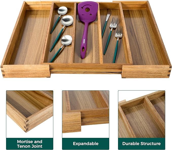 Utoplike Acacia Kitchen Drawer Organizer Expandable, Large Utensils and Cutlery - Image 6