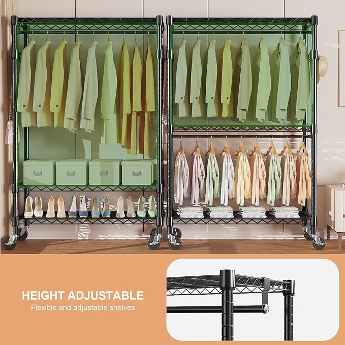 Heavy Duty Rolling Garment Rack 3 Tiers Adjustable Wire Shelving Clothes Rack - Image 5