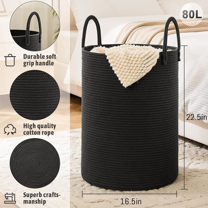 Laundry Basket, Woven Cotton Rope Laundry Hamper, 80L - Image 6