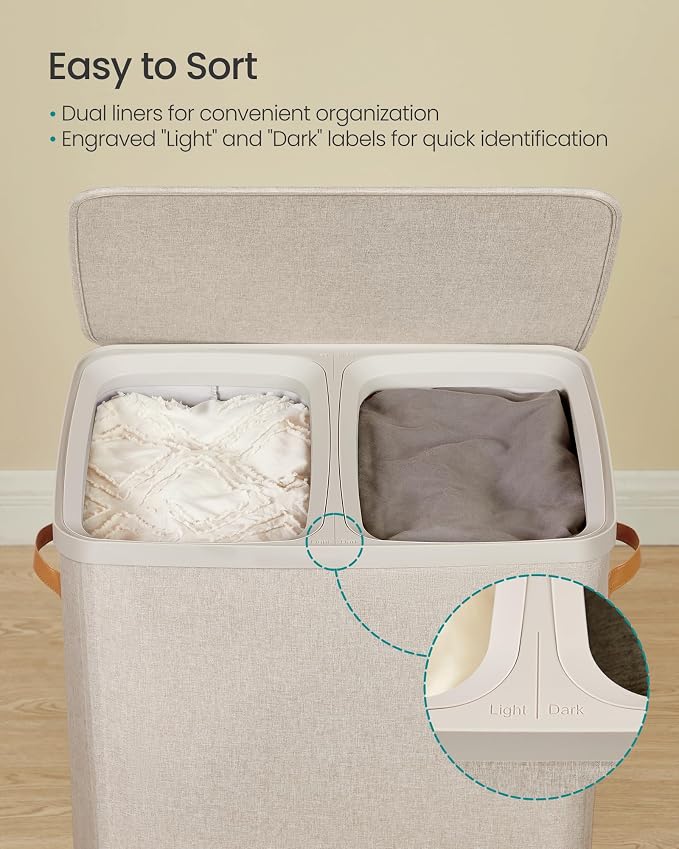 SONGMICS Laundry Basket, 44.9 Gal. Laundry Hamper, 2 Compartments, Easy Assembly - Image 3