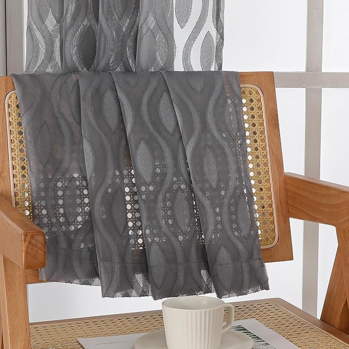 Aiyufeng Grey Valances for Windows, Clip Jacquard Chic Wavy Line Voile Sheer - Image 7