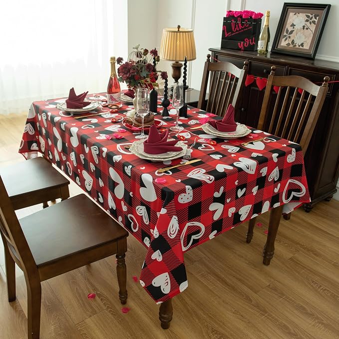 Red Waterproof Plaid Valentines’ Day Tablecloth Fabric - Image 5