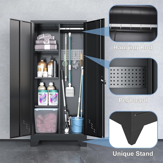 Metal Storage Cabinet with Locking Doors, Broom Closet, Freestanding Bathroom - Image 5