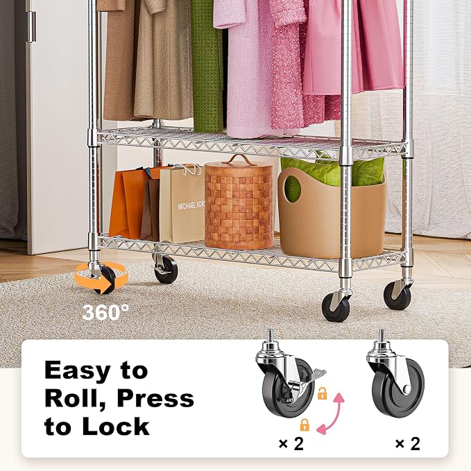 Heavy Duty Rolling Garment Rack 3 Tiers Adjustable Wire Shelving Clothes Rack - Image 3
