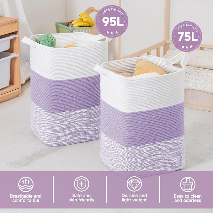 CLHMILY&Z 75L Laundry Basket Rectangular Lavender Rope - Image 4