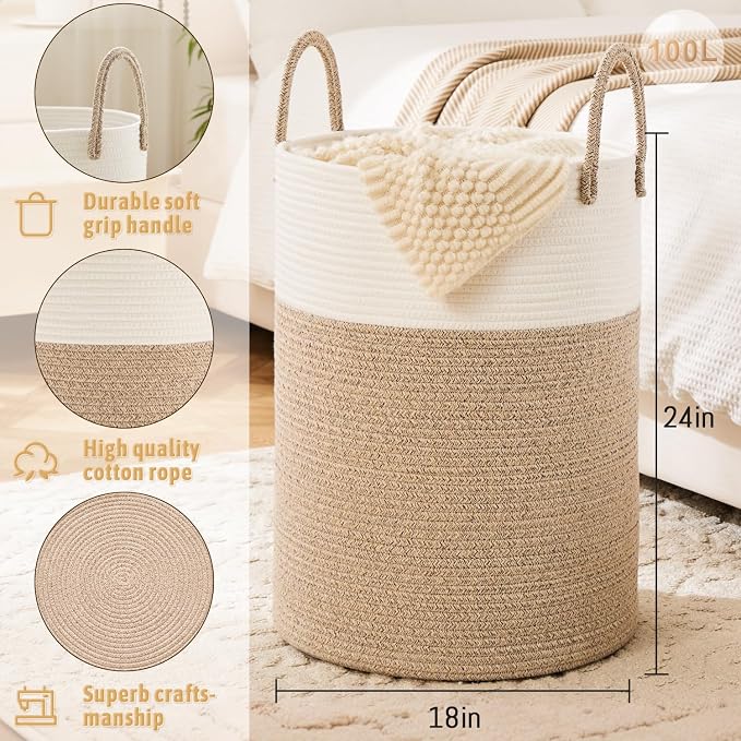 Laundry Basket, Woven Cotton Rope Laundry Hamper, 100L - Image 6