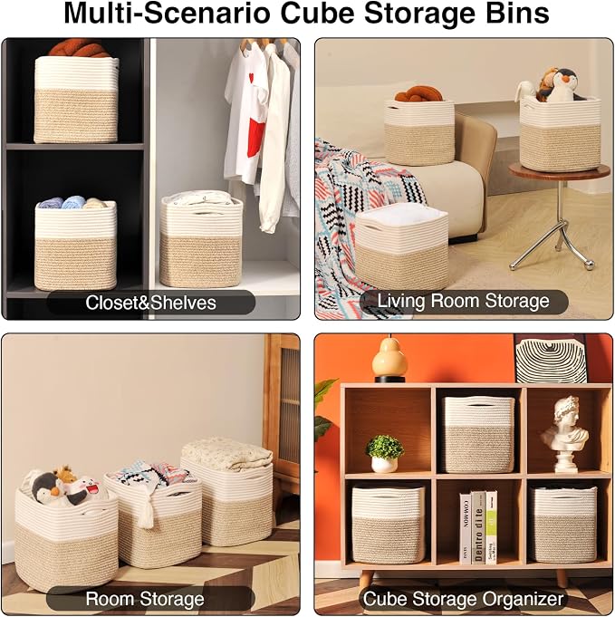 11 Inch Cube Storage Bins, Organizer Woven Cotton Rope Square Baskets - Image 4