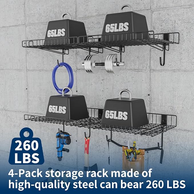 4 Pack Garage Wall Shelf, Wall Mounted Storage Shelves, Heavy Duty Metal Shelves - Image 4