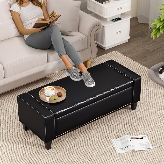48.8" Storage Ottoman Bench Black | Faux Leather Bedroom Bench - Image 6