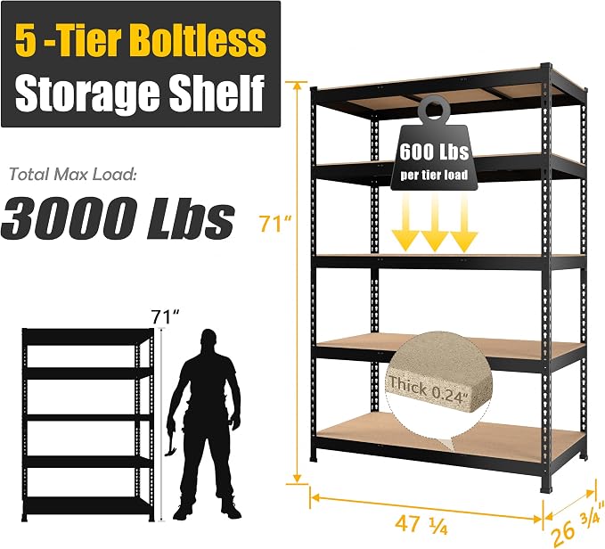 PrimeZone 48" W x 24" D x 72" H Heavy Duty Storage Shelves, 5 Tier Adjustable - Image 3