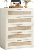 LEYAOYAO White Dresser for Bedroom, Modern 5 Drawers Boho Rattan Dressers by LEYAOYAO-Findtheshiningpointofyourideallife%EF%BC%81